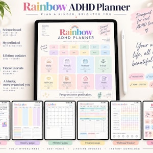 May include: A digital Rainbow ADHD Planner displayed on a tablet screen, featuring a colorful dashboard with sections for daily, weekly, and monthly planning, finances, and self-care. Includes additional page views for tracking and digital stickers.