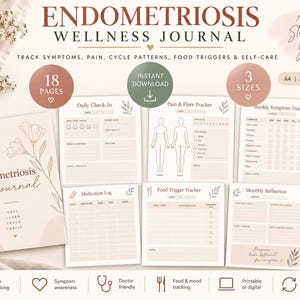 May include: A digital Endometriosis Wellness Journal with 18 pages in A4, A5, and US Letter sizes. The set includes a cover page, daily check-in, pain and flare tracker, weekly symptom tracker, medication log, food trigger tracker, and monthly reflection.