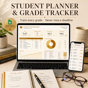 May include: A laptop displays a student dashboard with academic data, a smartphone shows assignments, and a notebook with a pen sits open. The image also includes a mug, glasses, and books, all suggesting a study or planning theme.