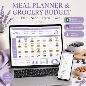 May include: A laptop displaying a weekly meal plan and grocery budget, with a smartphone showing a grocery list. The screen shows a meal plan with breakfast, lunch, dinner, and snack options. A bowl of blueberries and almonds are also visible.