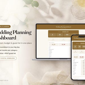 Peut inclure: Un tableau de bord numérique pour l'organisation de mariage affiché sur un ordinateur portable et un smartphone. L'interface présente des tons marron et crème avec des sections pour le compte à rebours, le budget et la liste des invités.