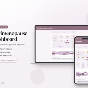 Puede incluir: Un panel digital de síntomas de perimenopausia mostrado en la pantalla de una computadora portátil y un teléfono inteligente. La interfaz presenta un esquema de color púrpura y blanco con doce rastreadores de síntomas y un mapa de calor.