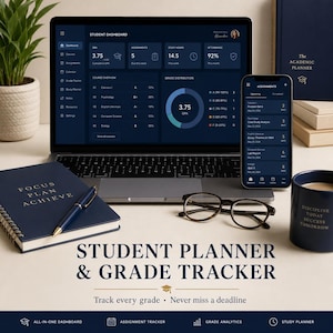 May include: A laptop, smartphone, and planner are displayed, showcasing a student dashboard and grade tracker. The laptop screen displays a student dashboard with a GPA of 3.75. The image includes the text "Student Planner & Grade Tracker."
