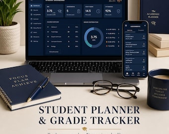 Puede incluir: Un portátil, un smartphone y una agenda muestran un panel de control para estudiantes y un rastreador de calificaciones. La pantalla del portátil muestra un panel de control para estudiantes con una media de 3,75. Incluye el texto "Student Planner & Grade Tracker."