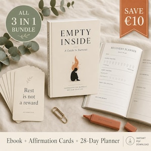 Puede incluir: Un conjunto de artículos de autocuidado que incluye un libro titulado "EMPTY INSIDE", tarjetas de afirmación y un planificador de 28 días. La portada del libro presenta a una persona con llamas sobre la cabeza. Las tarjetas dicen "Rest is not a reward".