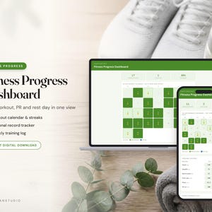 May include: A digital fitness progress dashboard displayed on a laptop and smartphone screen. The interface features a green and white colour scheme with a workout calendar, streak tracker, personal record log, and the text Fitness Progress Dashboard.