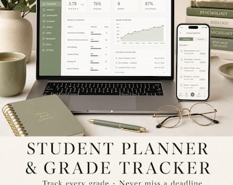 Puede incluir: Un portátil y un smartphone que muestran una interfaz de planificador de estudiantes y seguimiento de calificaciones. Un cuaderno, un bolígrafo y gafas están sobre el escritorio. El texto dice "STUDENT PLANNER & GRADE TRACKER" y "Track every grade • Never miss a deadline."