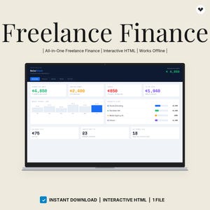 May include: A digital dashboard titled Freelance Finance displayed on a laptop screen. The interface shows financial data including revenue, invoices, and client metrics in a dark mode layout with colorful charts and text figures in Euros.