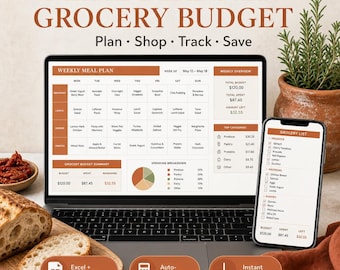 Lebensmittelgeschäft Budget Tracker | Mahlzeitenplaner, Einkaufsplaner (Excel, Google Sheets)