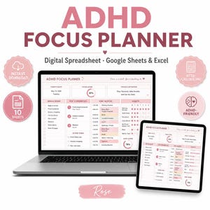 Könnte beinhalten: Ein Laptop und ein Tablet, die eine digitale Tabellenkalkulation des ADHD Focus Planner anzeigen. Der Planer enthält Abschnitte für Aufgaben, Zeitblöcke und Gewohnheiten. Rosa Akzente und der Text "ADHD FOCUS PLANNER" sind sichtbar.