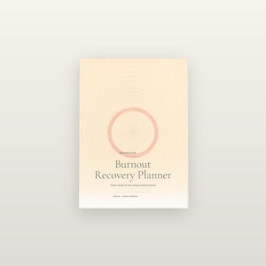 May include: A soft peach-colored planner with a circular graphic design. The cover features the text: Breathing Room, Burnout Recovery Planner, Twelve weeks of rest, energy and boundaries, and Undated - Guided Workbook in dark brown lettering.