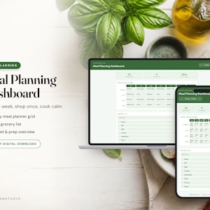 Op de afbeelding: Een digitaal maaltijdplanningsdashboard weergegeven op een laptop en smartphone. De interface bevat een donkergroene koptekst, een weekplanner, een automatische boodschappenlijst en een budgetoverzicht. Tekst op het scherm: Meal Planning Dashboard.