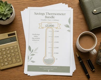 May include: A white paper sheet titled Savings Thermometer Bundle with a graphic of a thermometer marked with a £5,000 goal, featuring the text Small steps today, big rewards tomorrow and Stay committed. Stay proud. You've got this! in green and black.