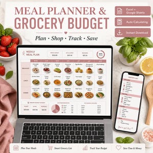Könnte beinhalten: Ein Laptop zeigt eine Vorlage für einen Essensplaner und ein Lebensmittelbudget mit Wochenplan, Einkaufsliste und Budgetverfolgungsfunktionen. Auf dem Bildschirm wird ein detaillierter Wochenplan angezeigt. Ein Smartphone zeigt eine Einkaufsliste. Erdbeeren und Basilikum sind ebenfalls sichtbar.