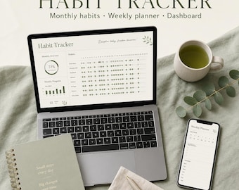 Habit Tracker Tabelle | Monatliches Log, Wochenplaner, Dashboard (Excel Google Sheets)