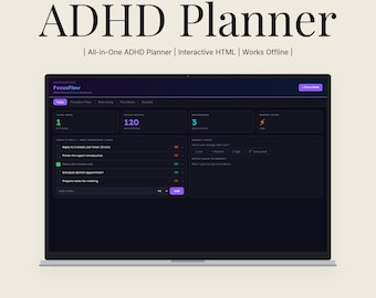 Dashboard di pianificazione per ADHD / Modello HTML per cervelli neurodivergenti / Monitoraggio di concentrazione, attività e dopamina