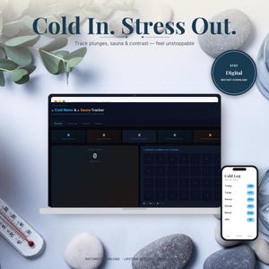 Op de afbeelding: Een digitale koudwater- en saunatracker weergegeven op een laptopscherm en een smartphone. De donkere interface bevat sessielogboeken, een kalender en statistieken voor temperatuur, streak, stemming en HRV. De tekst luidt Cold In. Stress Out.