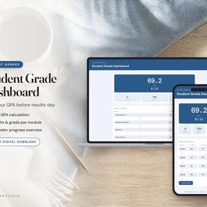 Puede incluir: Un panel digital de calificaciones estudiantiles mostrado en la pantalla de una computadora portátil y un teléfono inteligente. La interfaz presenta un encabezado azul con el texto Student Grade Dashboard, un promedio de 69.2 y listas de módulos.