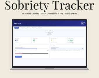Dashboard per il monitoraggio della sobrietà / Modello HTML per un percorso senza alcol / Contatore dei giorni, diario dei fattori scatenanti e dei successi