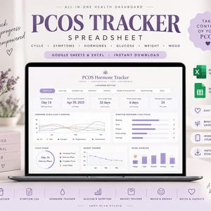 Op de afbeelding: Een digitale PCOS-tracker spreadsheet op een laptopscherm, met een lavendelkleurig dashboard met grafieken voor hormoonspiegels, symptoomlogboeken, cyclusfasen en gewicht. De interface bevat labels voor cyclus, symptomen, hormonen, glucose, gewicht en stemming, compatibel met Google Sheets en Excel.