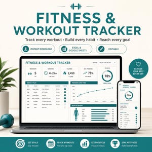 May include: A laptop and smartphone display a fitness and workout tracker interface. The screen shows workout data, including duration, calories, and progress. The design includes a weekly plan, progress over time, and muscle group visualizations.