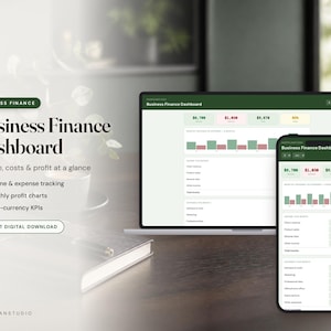 Peut inclure: Un modèle de tableau de bord de finance d'entreprise numérique affiché sur un écran d'ordinateur portable et un smartphone. L'interface présente des en-têtes vert foncé, des graphiques à barres et des tableaux de données financières.