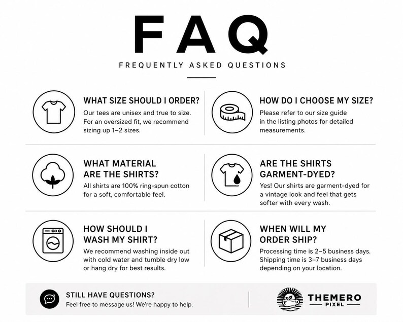 May include: An informational graphic titled FAQ Frequently Asked Questions with six circular icons. The text covers sizing, material composition, garment-dyeing, washing instructions, and shipping timelines for unisex cotton t-shirts.
