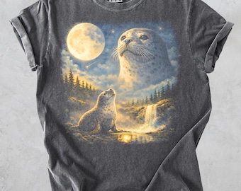 Camiseta Comfort Colors® com estampa de foca uivando para a lua, camiseta vintage com animais da lua, camiseta retrô com estampa de animais dos anos 90, presente para mãe de foca