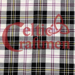 May include: A close-up of a fabric with a plaid pattern. The pattern features a grid of black, white, yellow, and purple lines. The fabric has a woven texture, and the design is symmetrical.