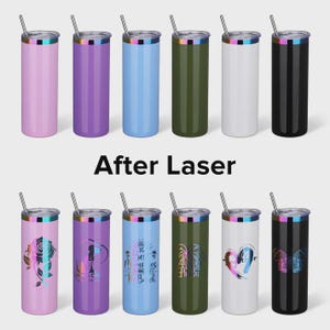 May include: A set of twelve tall, cylindrical stainless steel tumblers with lids and straws. The top row shows plain tumblers in light pink, purple, blue, olive green, white, and black. The bottom row shows the same colours with laser-engraved designs.