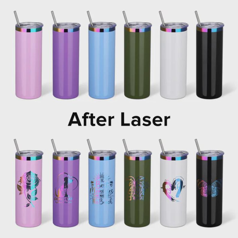 May include: A set of twelve tall, cylindrical stainless steel tumblers with lids and straws. The top row shows plain tumblers in light pink, purple, blue, olive green, white, and black. The bottom row shows the same colours with laser-engraved designs.
