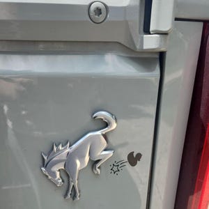 Puede incluir: Emblema metálico plateado de un caballo encabritado sobre un panel de vehículo gris claro. Un dibujo animado negro de una ardilla y una estrella fugaz está al lado del caballo. El panel del vehículo tiene un tirador y un tornillo.