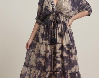 Boho Tiered Maxi Dress, Purple Tie-Dye, Flowy Summer Festival Outfit, Evening gown, Hand embroidery maxi, handmade party outfit, prom dress