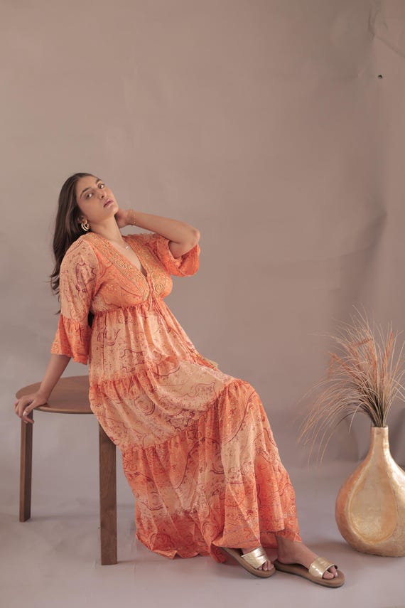 Flowy Boho Maxi Dress for Women | Summer Wedding Guest Dress | Handmade  Orange Dress | Ruffled Full Sleeves | Vacation & Festival Wear - Etsy UK