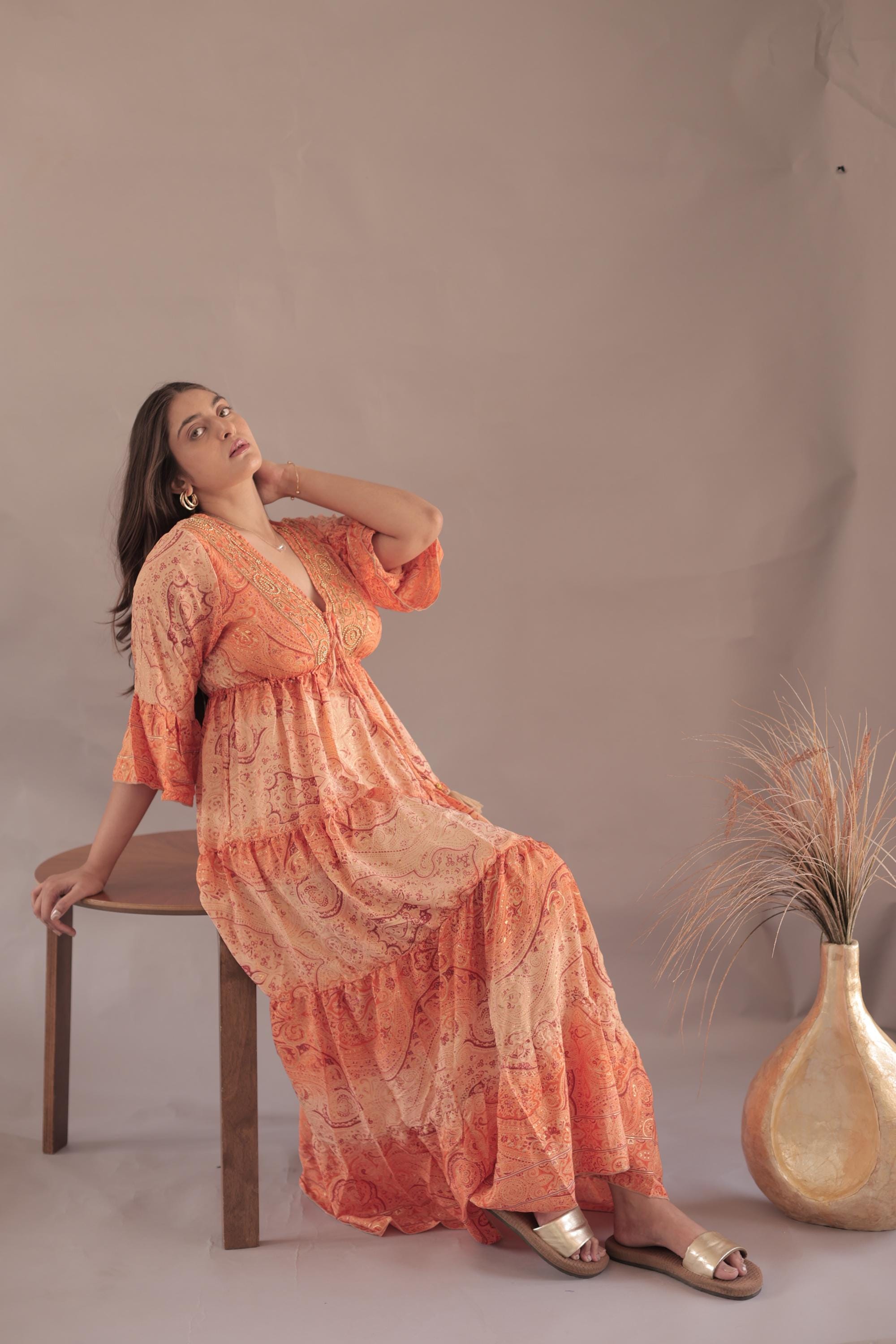 chinese dress ladies ASOS Soft Flowy Maxi Dress with Ruffles in Orange SZ 6 – Christine Garcia  Collective main image 1