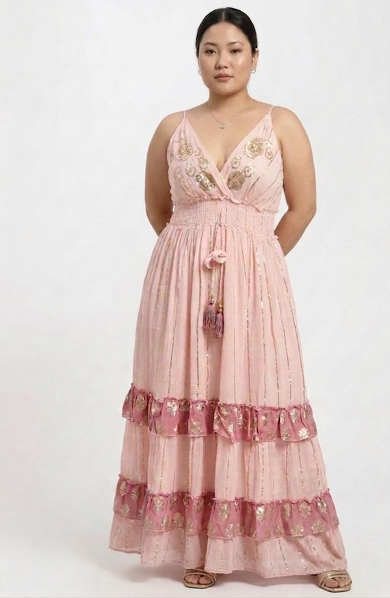 Handmade Pink Prom Dress | Cherry Blossom Embroidery | Sleeveless Tiered Dress | Elegant Evening Gown | Formal Occasion Maxi | Party Dress