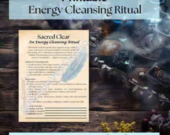 Puede incluir: Hoja imprimible "Ritual de Limpieza Energética" con texto, "Sagrado Claro, Un Ritual de Limpieza Energética". Incluye opciones para herramientas de limpieza e instrucciones. Presenta una ilustración de pluma y las palabras "Descarga Instantánea".