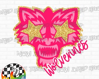 Glitter wolverines mascotte png roze en goud sportontwerp digitale download