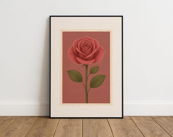 Rote Rose Wandkunst, Botanische Blumendruck, Vintage Blumen Illustration, Romantische Dekoration für Schlafzimmer oder Wohnzimmer