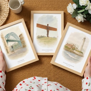 North East Landmarks Print Set – Tyne Bridge, Angel of the North and St Mary’s Lighthouse Wall Art | A4 Print & Digital Download