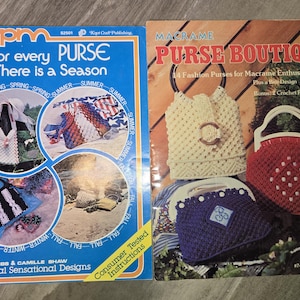 May include: Two instructional craft books titled For Every Purse There is a Season and Macrame Purse Boutique. The covers feature photographs of various handmade macrame and crochet purses in different colors, styles, and seasonal themes.