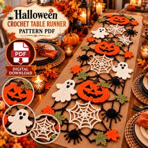 Halloween-Tischläufer-Häkelmuster, Kürbis, Geist, Spinnennetz (PDF-Download)