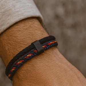 Rainbow men&#39;s bracelet, Black braided cord, Bracelet with multicolor accents. Unisex adjustable friendship jewelry. fabric bracelet.