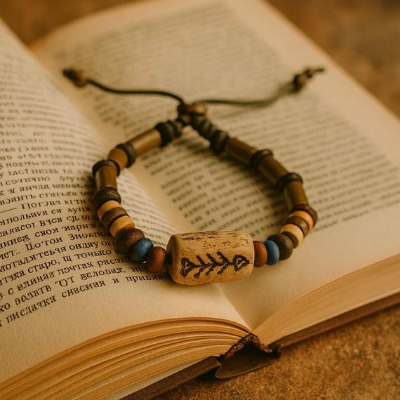 Men’s Stone Beaded Bracelet, Gift for Him, Fish Symbol, Adjustable Bracelet