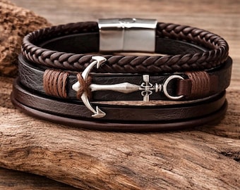 Mens Anchor Leather Bracelet, Brown Gift for Him