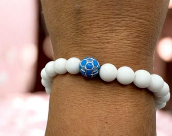 White Beaded Soccer Ball Bracelet – Enamel Charm, Gift for Player