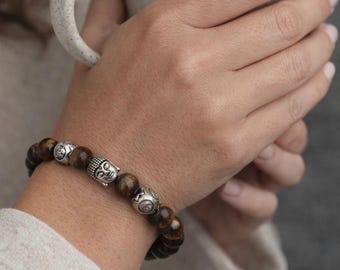 Mens Black Agate Buddha Bracelet, Spiritual Beaded Bracelet, Gift for Him, Protection Jewelry