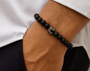 Men’s Soccer Bracelet – Black Matte Beads with Football Charm. Gift for Soccer Player.