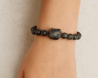 Gray Stone Bracelet with Cat Charm-Minimalist Beaded Jewelry.