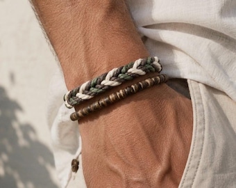 Men’s Bracelet Set, Braided Rope,Natural Bead Bracelet, Gift for Him